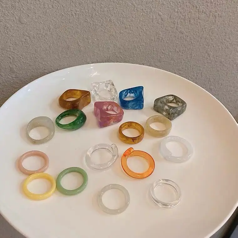 2022 New Kpop Trendy Colorful Transparent Geometry Arc Circle Resin Pattern Acrylic Rings for Women Girls aesthetic Jewelry Gift | Украшения