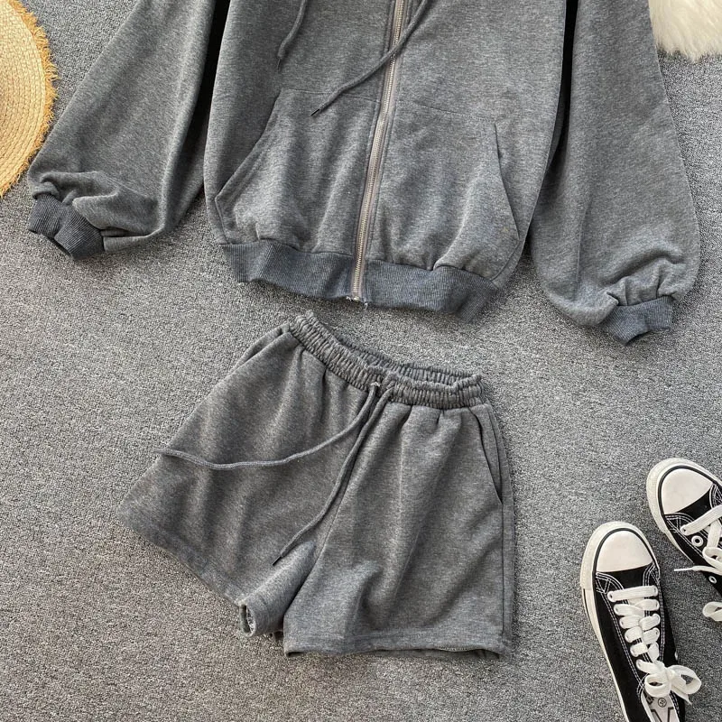

Gray/Pink 3pcs Set Suit Autumn Casual Three Piece Set Sport Elegant Hooded Zipper Sweatshirt + Strapless + Wide Leg Shorts