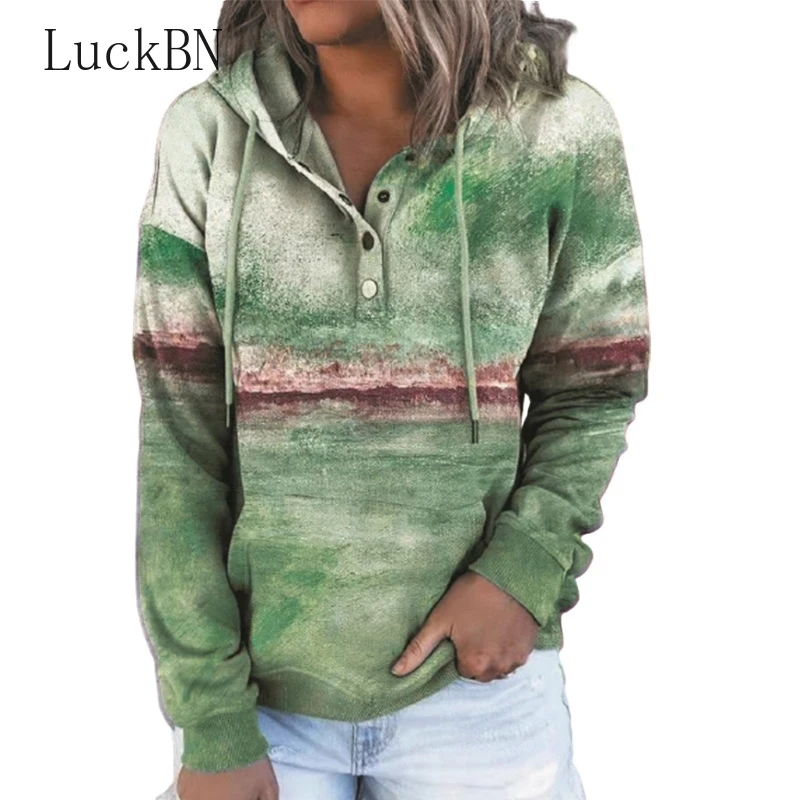 

Women Casual Drawstring Button Tops Pullover Vintage Landscape Printed Hooded Sweatshirt Loose Autumn Winter Long Sleeve Hoodie