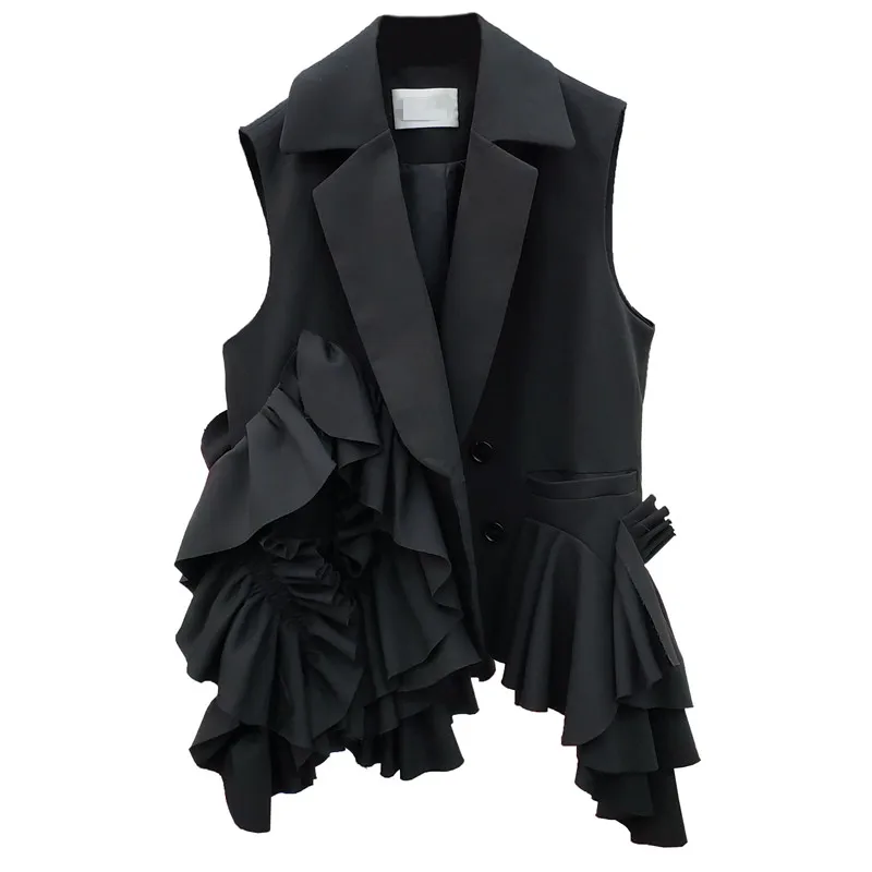 

[EWQ] 2021 Spring New Outerwear Layers Ruffles Design Fashionable Loose Fashion Black Blazer Vest Women Ruched Casual Coats