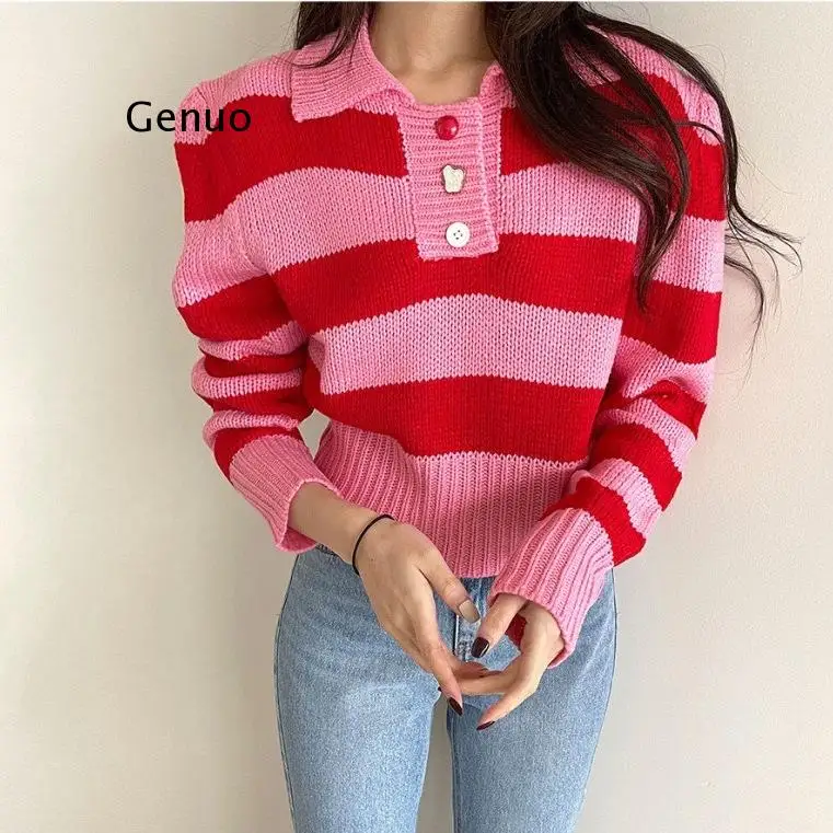 

Hit Color Striped Patchwork Knit Sweater Women Turn Down Collar Long Sleeve Slim Waist Pull Femme Causal Sueter Autumn