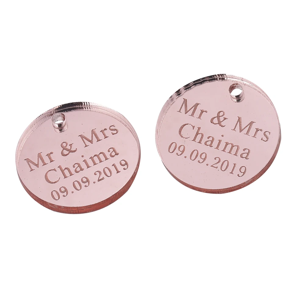 50 pz personalizzato specchio inciso cerchio centrotavola Tag Tag Mr & Mrs cognome matrimonio regalo di compleanno Decor Favors