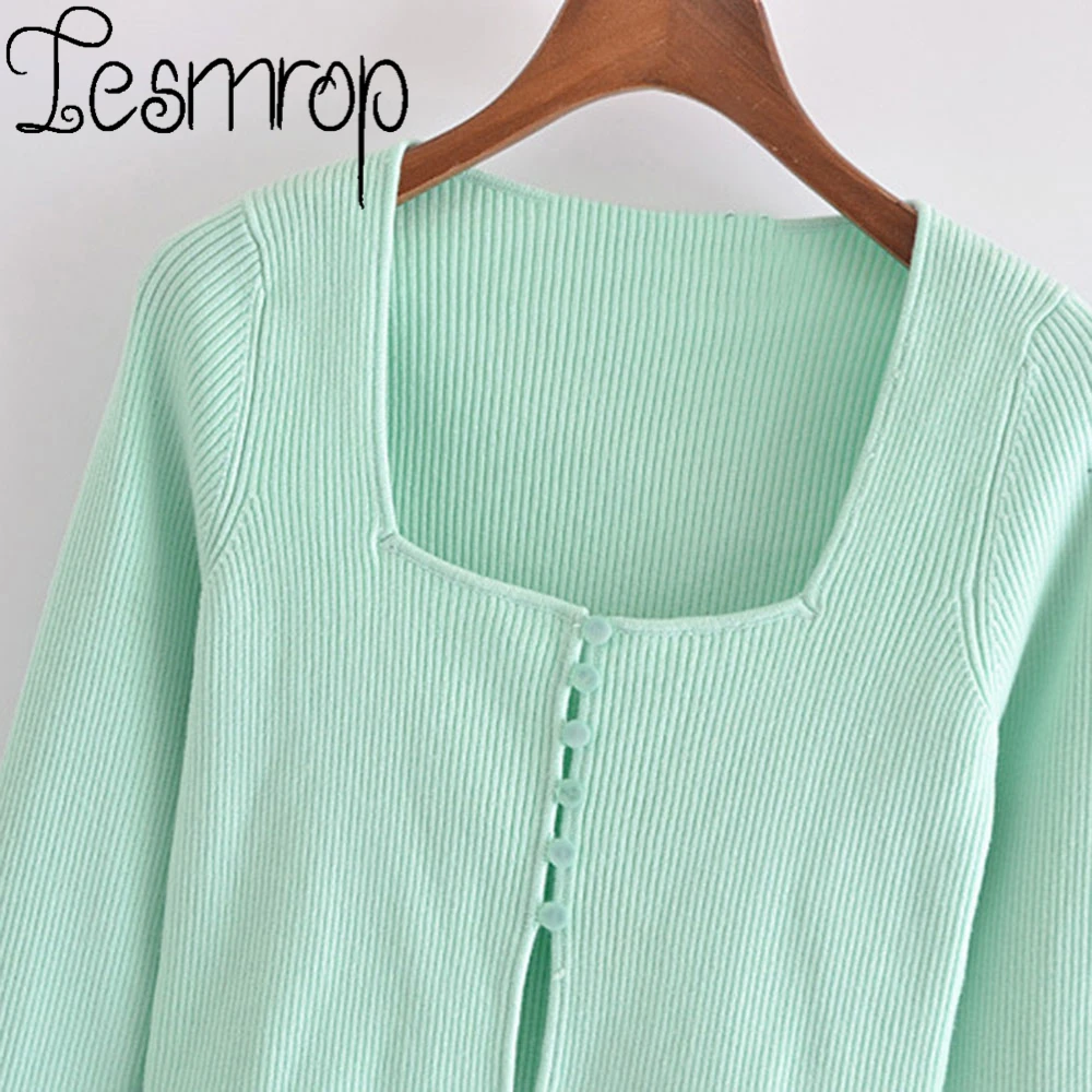 

LESMROP 2021 ZA Women New Autumn Short Square Neck Button Long Sleeve Sweater Cardigan Tops Femme Casual Fashion Green LP44SR908