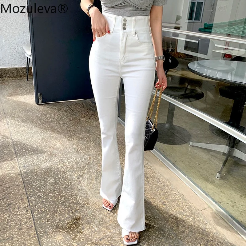 Mozuleva Chic High Waist Button Jeans 2022 Summer Women Skinny Denim Flare Pants Elegant Slim Female White Ladies Pantalon | Женская