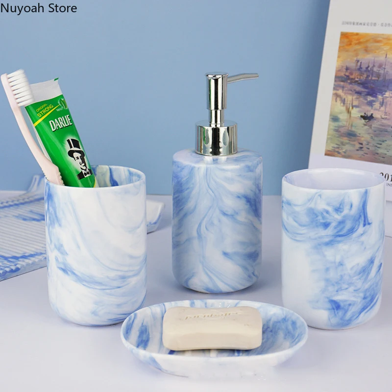 

Nordic Household Bathroom Products Ceramic Marble Pattern Lotion Bottle Soap Dish Toothbrush Cup Hotel Bathroom Accessories