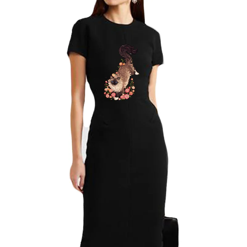 

Summer Dress 2021 Sexy Women Elegant Party Bodycon Dresses Short Sleeve Kawaii Cat Printing Solid Vintage Robes Street Style