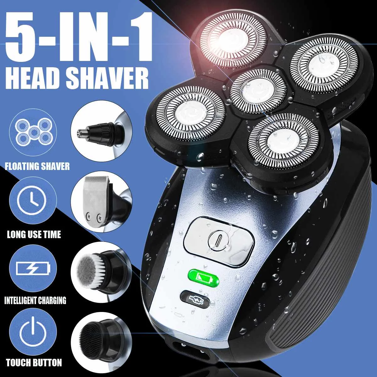 

5 in 1 Multifunctional Electric Bald Head Shaver Rechargeable Trimmer 5 Head 4D Floating Head Cordless Groomer Men Hair Trimmer