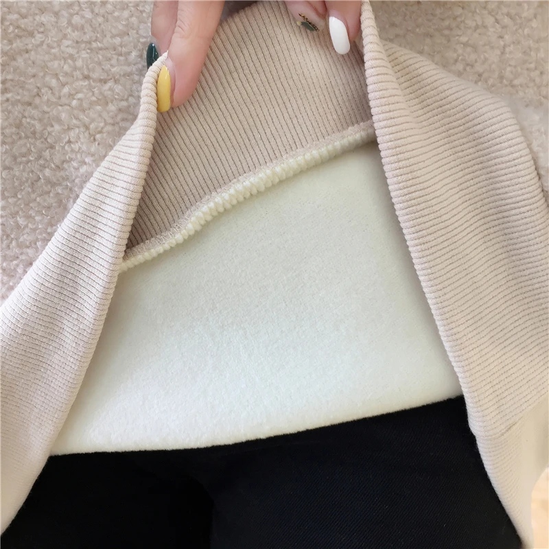 

Plus Size Turtleneck lambswool Hoodies Pullover Women Patchwork Wool Linen Casual Sweatshirts Outwear Coat Preppy Style Winter