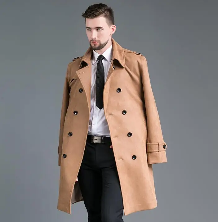 

Army Green Mens trench coats man Suede long coat men clothes slim fit overcoat long sleeve 2020 new designer