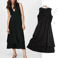 maxdutti england style vestidos fashion simple black tank dress cascading elegant v neck dresses party dress women casual midi