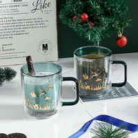 double glass christmas wishing cup cold resistant heat resisting glass with handle cartoon print star patch milk coffee cup