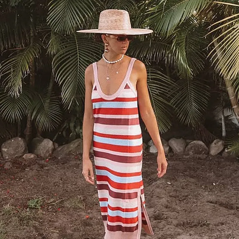 2019 Summer Women Sexy Rainbow Stripe Maxi Dress Female Knitted Split Holiday Long O-Neck Strap Beach | Женская одежда
