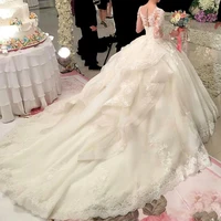 luxury princess ball gown lace long sleeve bridal wedding dresses jewel neck wedding gowns for bride illusion back appliqued