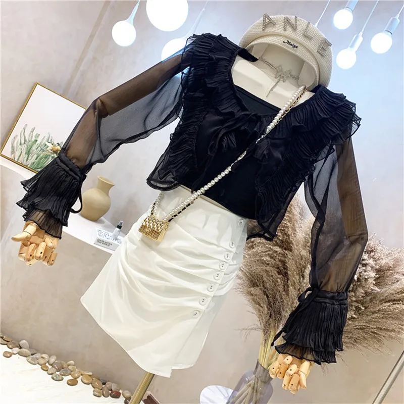 

Niche Design New Women's Clothing Summer 2021 Fashion Long Sleeve Ruffle Thin Shirt Top With Sling