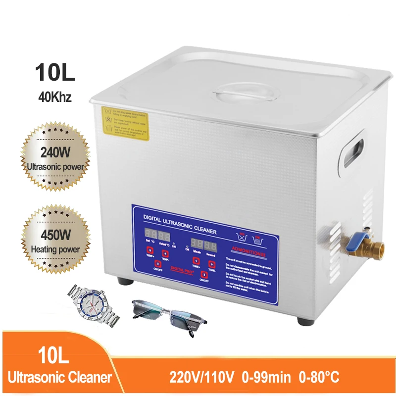 

10L 240W Ultrasonic Cleaner Digital Timer Stainless Bath Oil Rust Remove For Denture Watches Glasses