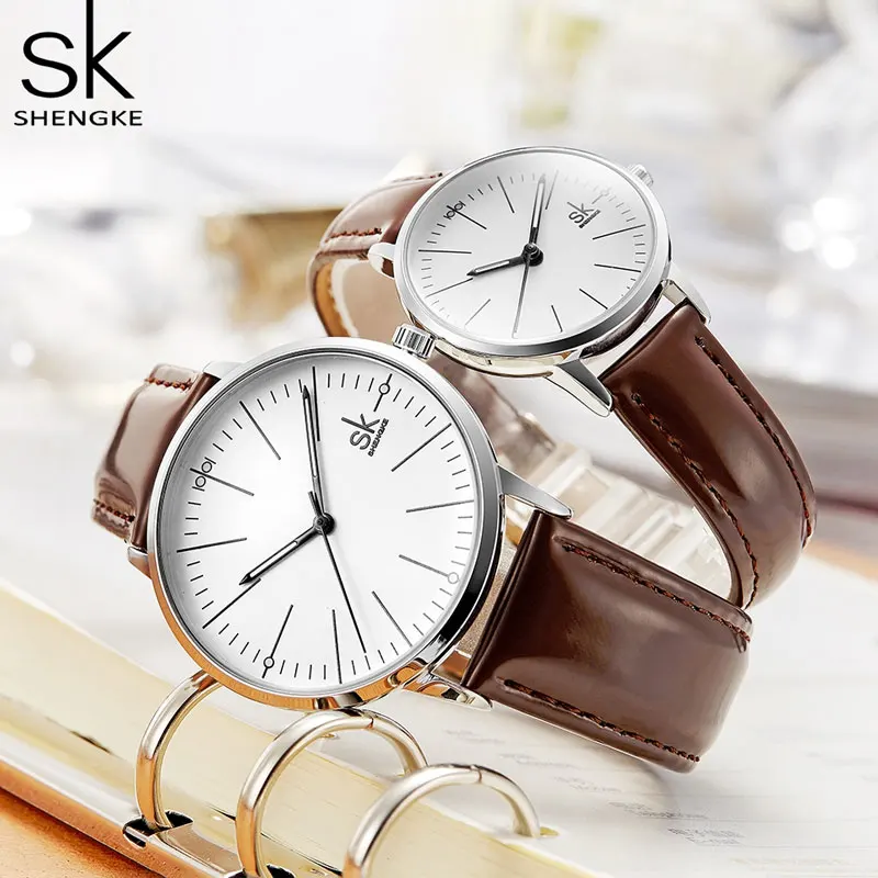 

SHENGKE Band Couple Watch Two Tone Leather Strap Fashion Waterproof His and Her Quartz Wristwatch Set for Lovers One Pair