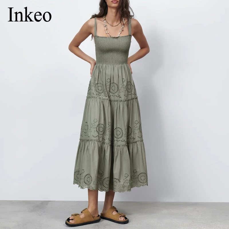 

Holiday Women's Slim Ruffles Long dress Summer Solid Sleeveless Spaghetti Straps Sexy Dress Hollow out Embroidery Vestidos 1D044