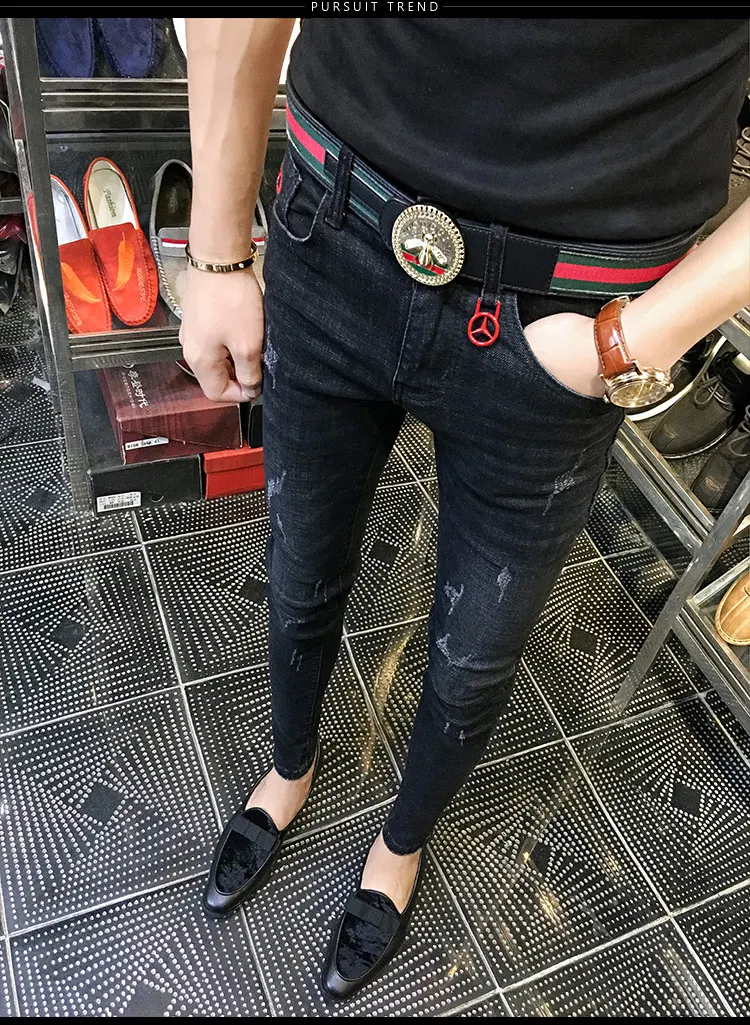NEW spring autumn skinny strech Casual ripped hole fashion black teenagers hip hop cowboy denim leg jeans men pencil pants