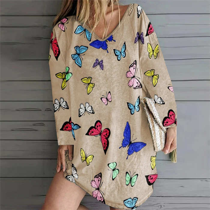 

Women Fashion Casual Dress Spring Summer Butterfly Print Loose Dress Mini Dress Long Sleeve T Shirt Dress Vestido Women Clothing
