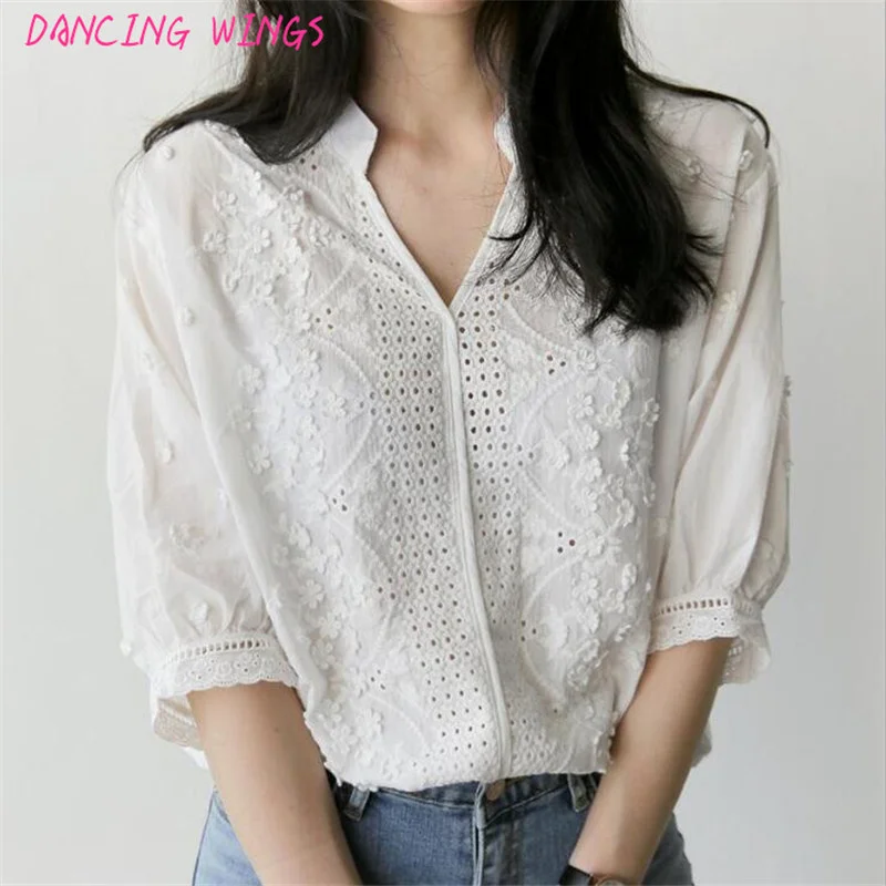 Корейский стиль вышитые трехмерный цветок белая рубашка свободного кроя с