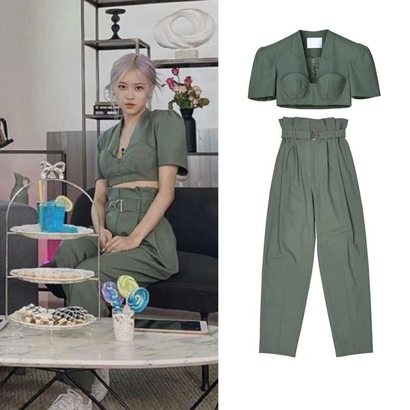 Пикантная облегающая футболка kpop ROSE с коротким рукавом и глубоким V-образным