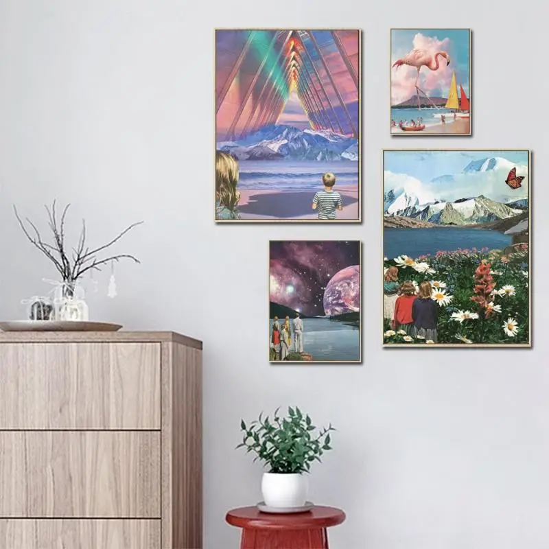 

Nordic Abstract Poster Pink Flamingo Beach Starry Creative Landscape Canvas Painting Wall Art Scandinavian Style Home Decoration