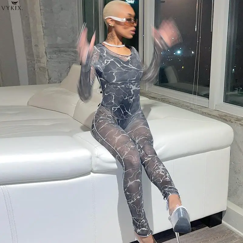 

Cheap Tie Dye Print Women Long Sleeve Patchwork Mesh Jumpsuits See Through Sheer Skinny Sexy Jumpsuit Streetwear Autumn Winter