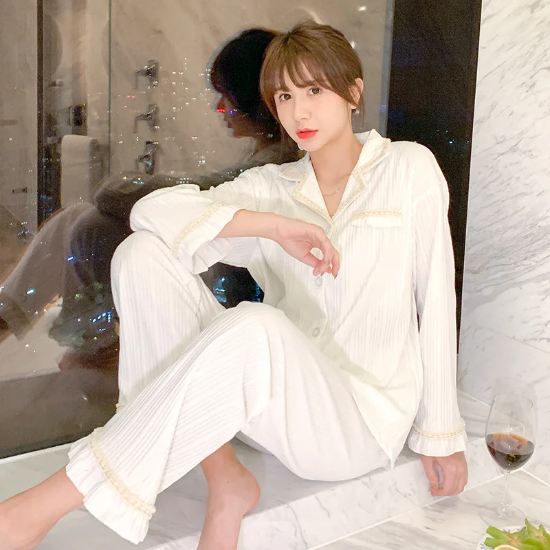 2021 New Women's Pajamas Sets Spring Autumn Pit Button Korean Home Clothes Nightwear Fashion Long Sleeve Trousers Sleepwear