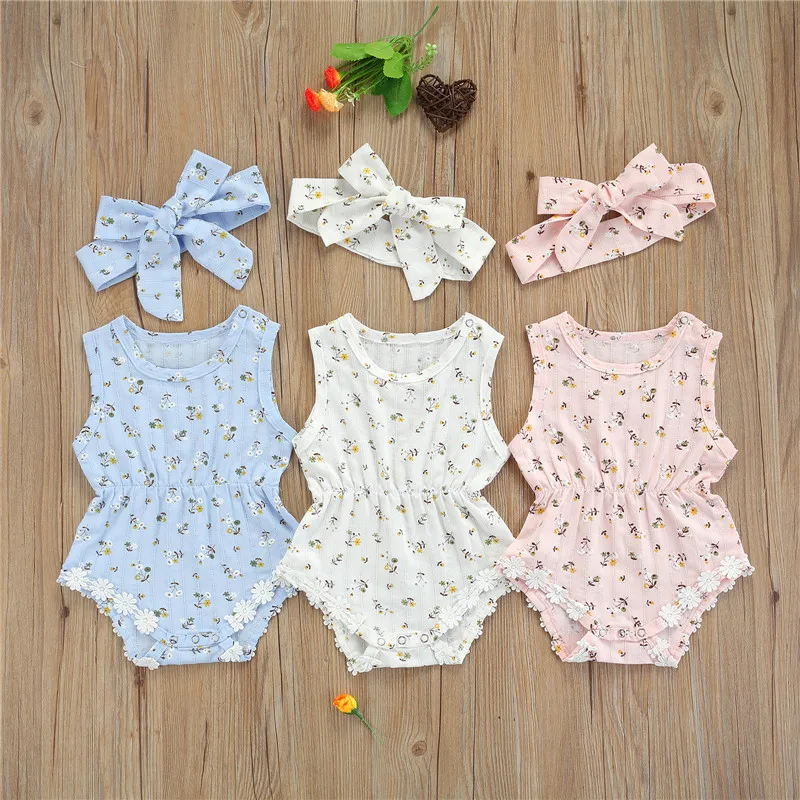 

Милый закат для новорожденных, комбинезон без рукавов, с бантом, с головной повязкой, Цветочный принт с кружевной отделкой, летняя одежда дл...