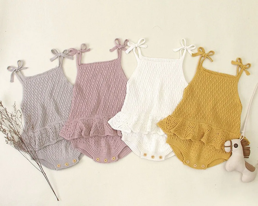 

0-24M Baby Girls Summer Girls Bodysuit Top Sling Bow Shoulder Straps Baby Knitting Wear Pleated Summer Sleeveless