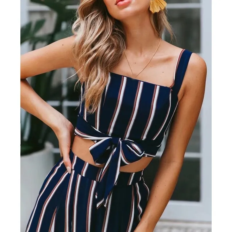 Женский укороченный топ в полоску с широкими штанинами комплект из 2 предметов