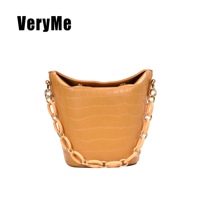 

VeryMe PU Leather Stone Pattern Chain Bucket Bags Solid Color Shoulder Crossbody Pack Fashion Female Handbags Tasche Damen Leder