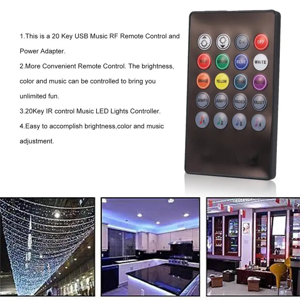 

20 Keys USB IR RF Music Remote Control Sound Sensor for LED Strip light Controller Dimmer with Power Adapter