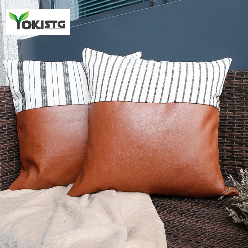 YokiSTG PU Leather Cushion Covers For Sofa Bed Car Seat Brown Linen Stripe Decorative Pillowcases Luxurious Throw Pillow Home | Дом и сад