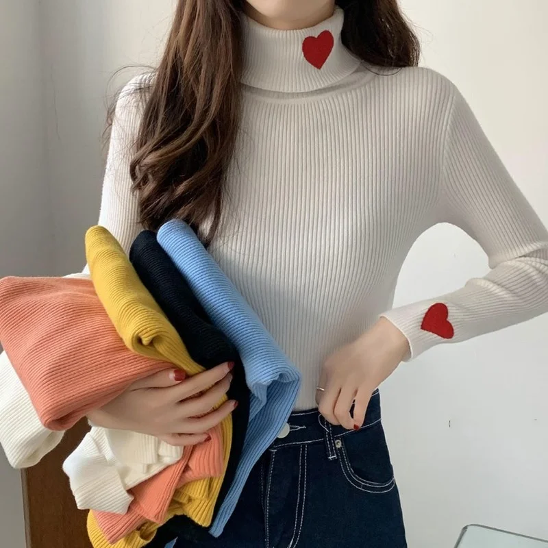 

Women Knitted Sweater Ribbed Pullovers Heart Embroidery Turtleneck Autumn Winter Basic Women Sweaters Fit Soft Warm Tops
