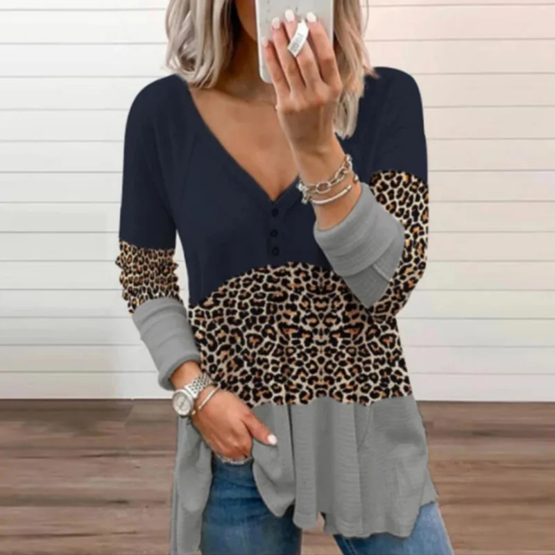 

Women Fashion Casual V-Neck Long Sleeve Tops 2021 Spring New Elegant Patchwork Leopard Blouse Shirts Female Loose Pullovers 3XL