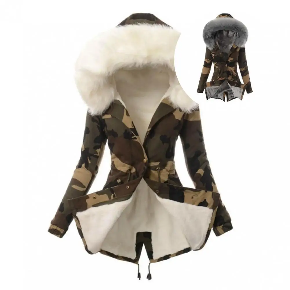 

Jacket Coat Back Split Waist Tight Windproof Plush Hooded Camouflage Print Casual Coat Casual Coat for Office