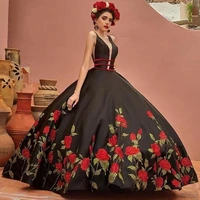 black ball gown quinceanera dresses 2022 v neck embroidery sweep train sweet 16 vestidos de 15 a%c3%b1os