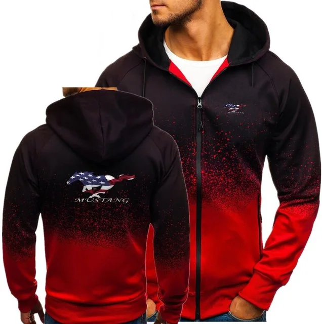 

Men Hoodies U.S. flag Mustang Print Jacket Spring Autumn Drawstring Zipper Hooded Sweatshirt Top Male Pullover Hoodie Coat