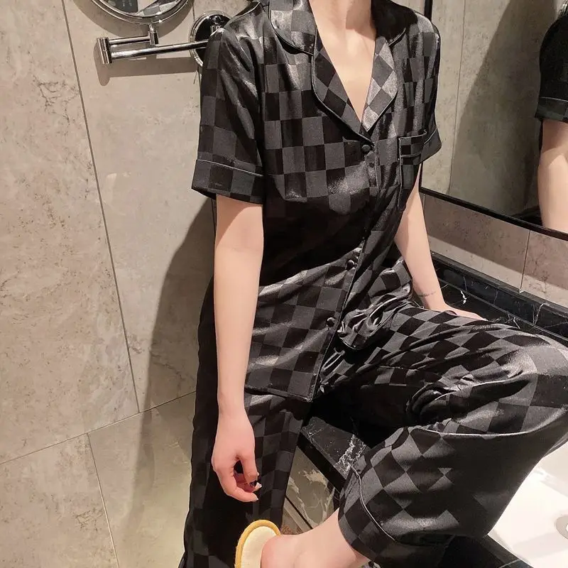 

Plaid 2PCS Shirt&Pants Suit Femme Sleepwear Summer Satin Pajamas With Trousers Button-Down Sexy Home Clothes Lounge Lingerie