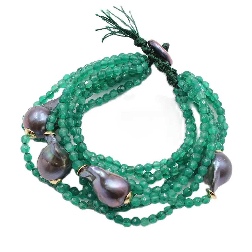 

GuaiGuai Jewelry 8 Strands Faceted Round Green Agates Black Keshi Baroque Pearl Bracelet Handmade For Women Lady Jewelry