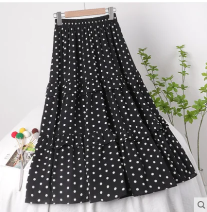 

2021 New Summer Women Elastic Waist Mid-length Polka Dot Chiffon Printing Women Skirt