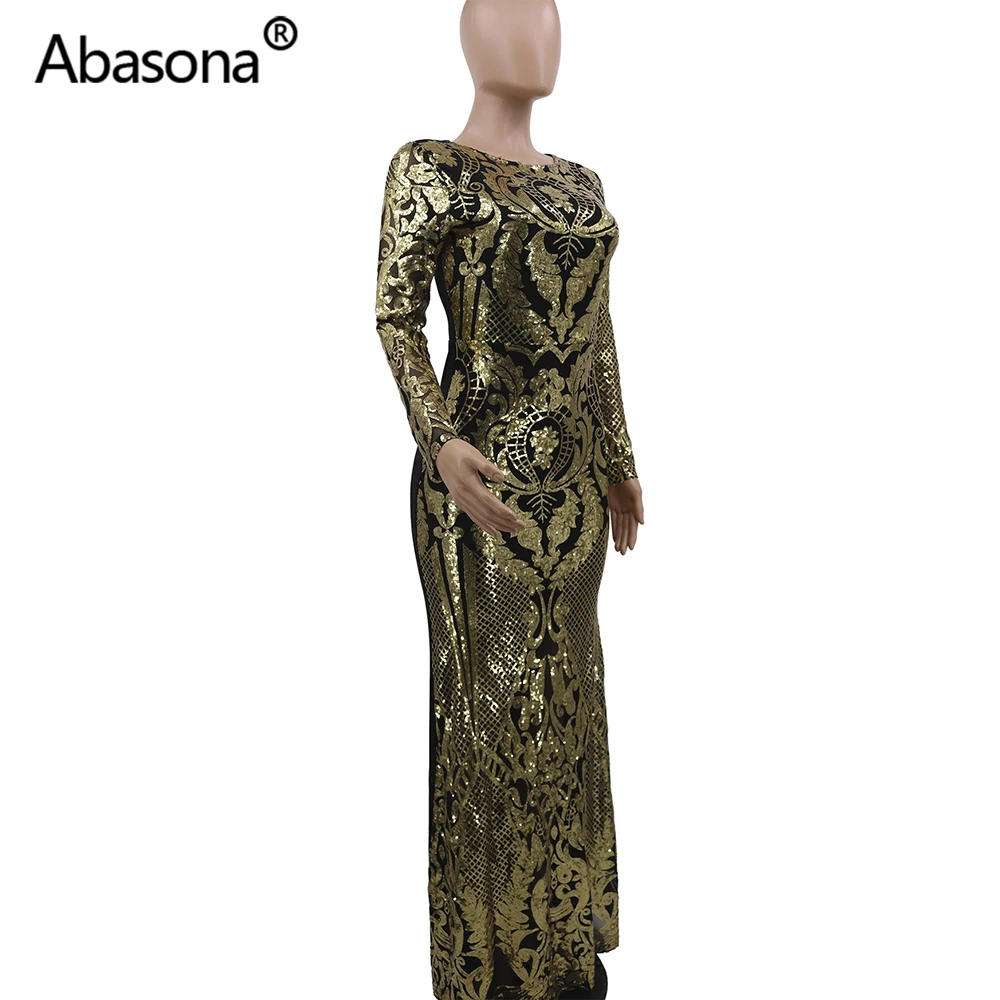 Abasona, женские осенне-зимние облегающие платья с длинным рукавом, расшитые блестками, сексуальные Клубные Модные вечерние платья длиной до пола, Famme Vestidos