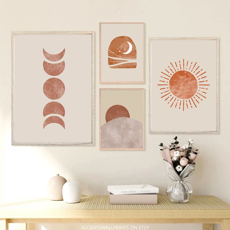 

Современная Абстрактная Картина пейзаж настенная живопись Солнце Луна холст Середина века плакаты и принты для гостиной Бохо домашний дек...