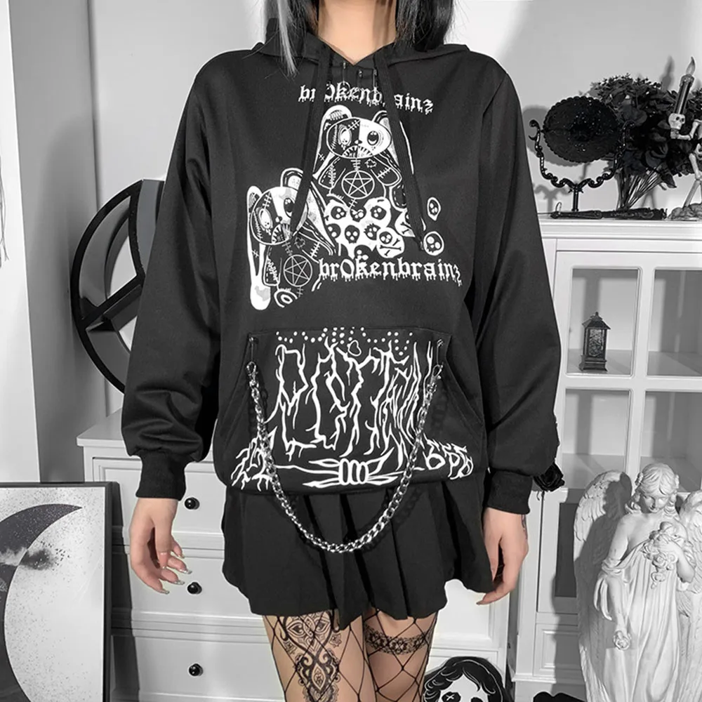 

Women's Autumn New Hoodie Dark Black Punk Gothic Casual Style Pure Color Long Sleeve Long Rabbit Graffiti Print Thermal Top