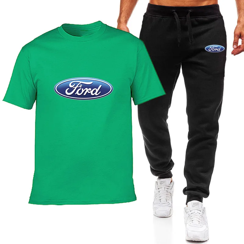 

New Fashion Summer Men T-Shirts Tracksuit Ford Car Logo HipHop Casual Cotton Short Sleeve High Quality Short Sleeve+pants Suit