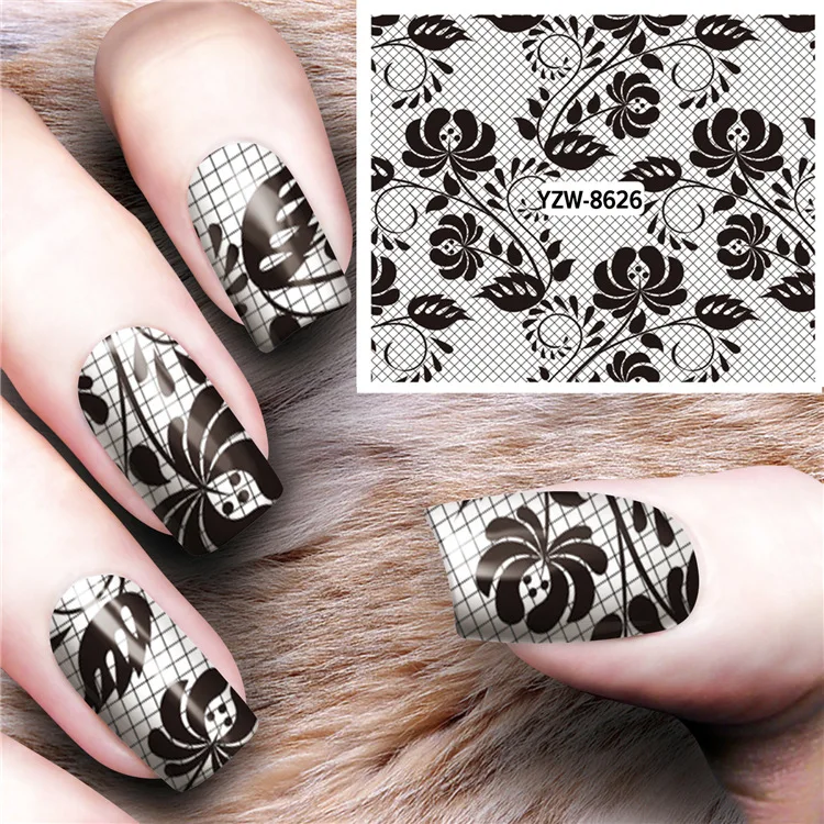 1 лист черно белых винтажных цветов наклейка для дизайна ногтей слайдер Водные