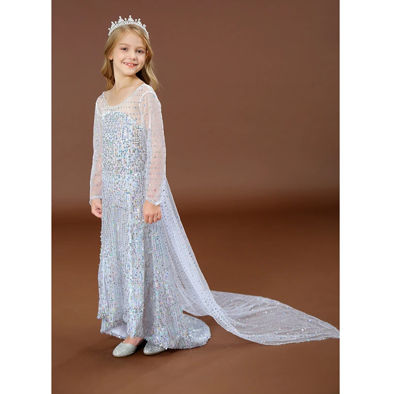 White Blue Elsa Dress for Girls Floor Length Long Tail Dresses Princess Up Halloween Carnival Cosplay Costume Child | Детская одежда и