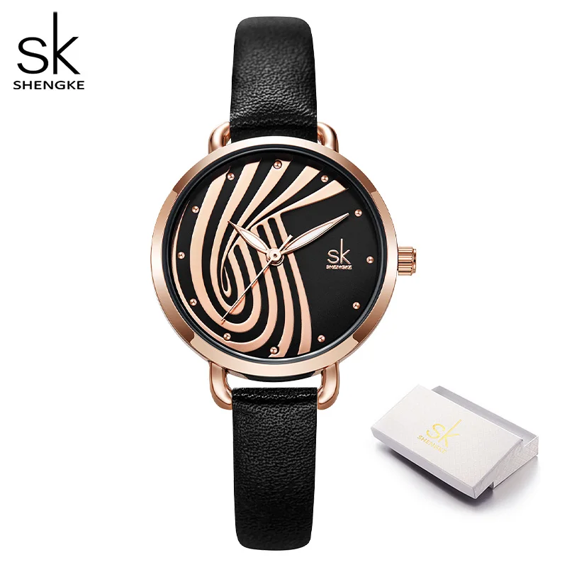 SHENGKE New Black Leather Strap Creative Buckle Women Watches Big Top Brand Simple Dial Quartz Luxury Ladies Watch Reloj Mujer