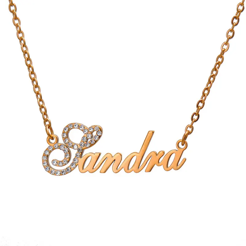 Custom Name Necklace Diamonds CZ Crystal Inlaid for Women Girls Personalized Nameplate Pendant Jewelry Stainless Steel Gold